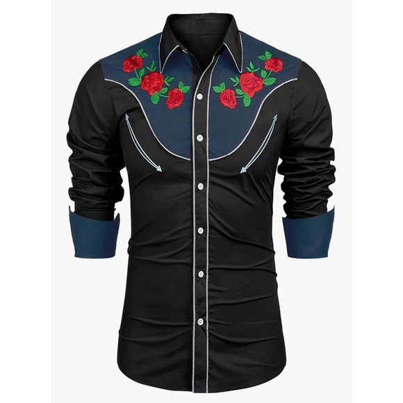 Western Cowboy Shirt Embroidered Roses Men Slim Fit Size L‎ (tight fit) - Picture 1 of 10
